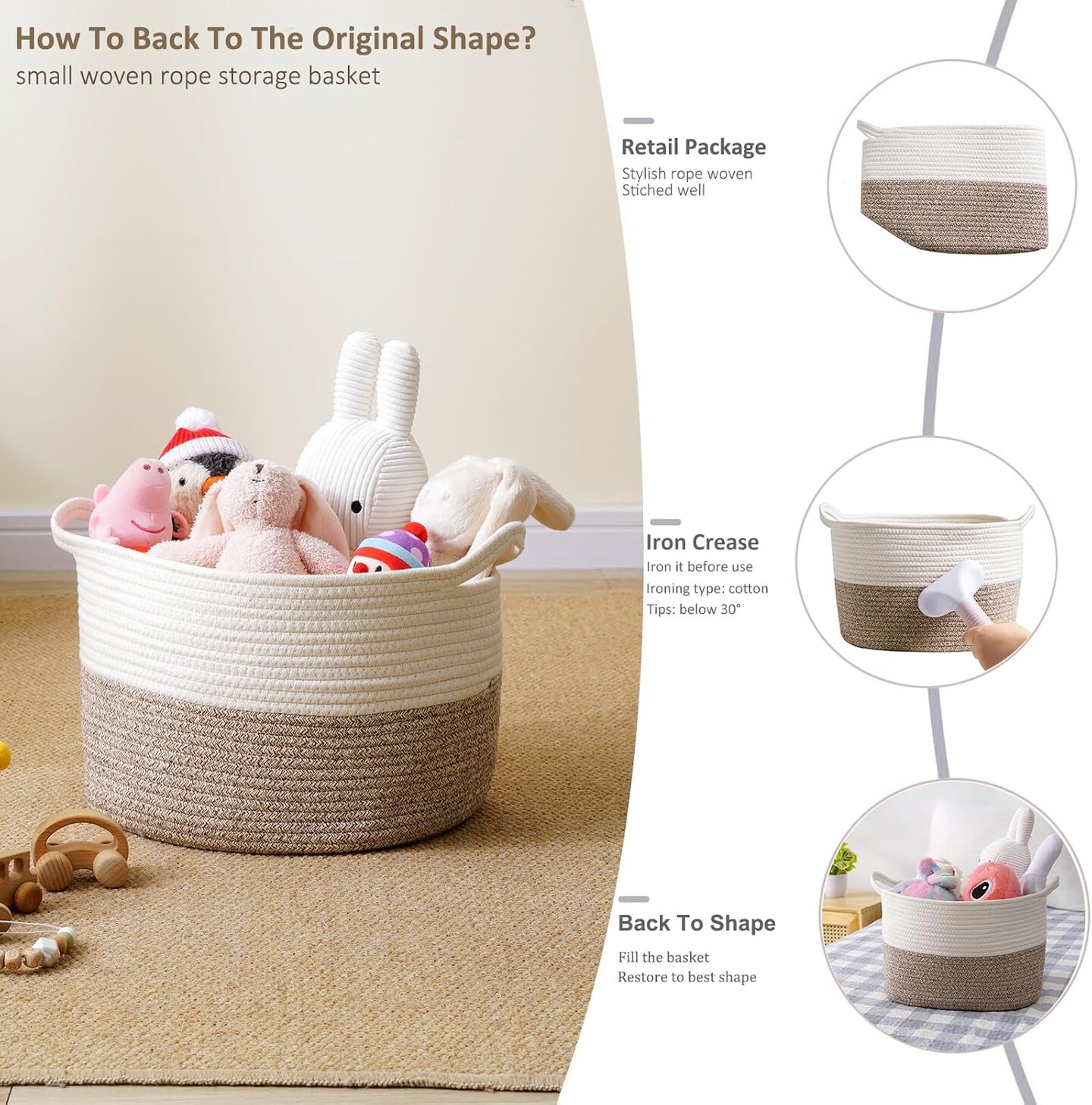 Square Cotton Rope Samll Baskets With Handles for Nursery, Toys, Household, Nursery, Handcrafted Woven Gift Baskets for Storage and Organization,13.5x11x9.5inch (white-champagne)