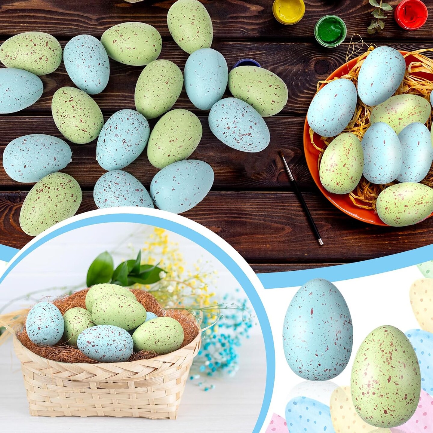 16 Pcs Pastel Easter Eggs with Chicken Nest Easter Table Centerpiece Plastic Green Blue Speckled Eggs for Spring Filler Baskets DIY Home Farmhouse Table Decoration