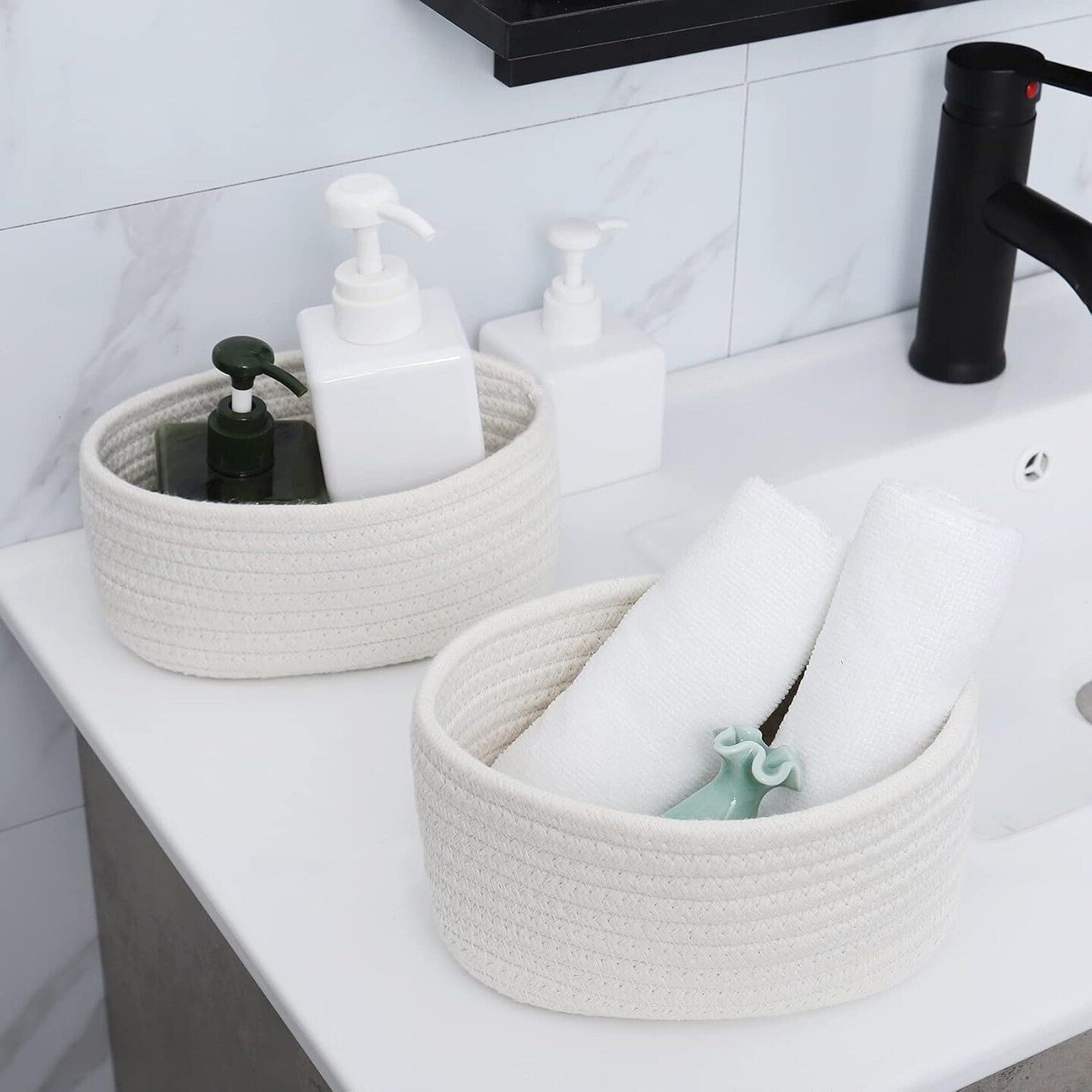 &#x3010;2 Pack&#x3011;Small Storage Baskets, Natural Cotton Rope Woven Baskets for Organizing, Tiny Oval Storage Easter Baskets, Small Basket, Cat Dog Toy Baskets, Bathroom Organization Bin