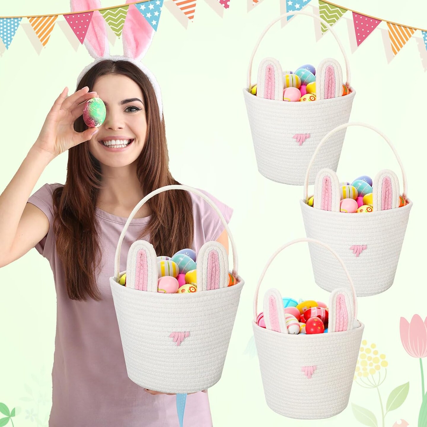 3 Pack Easter Baskets Easter Eggs Basket Bunny Basket with Rabbit Ears Toy Baskets Empty Easter Hunt Basket Woven