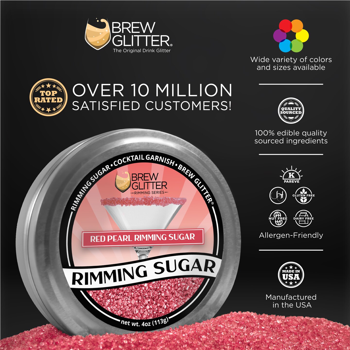 Brew Glitter - Red Pearl Rimming Sugar (4oz, 1x Bar Tin) Cocktail Garnish for Mixed Drinks &#x26; Refreshments