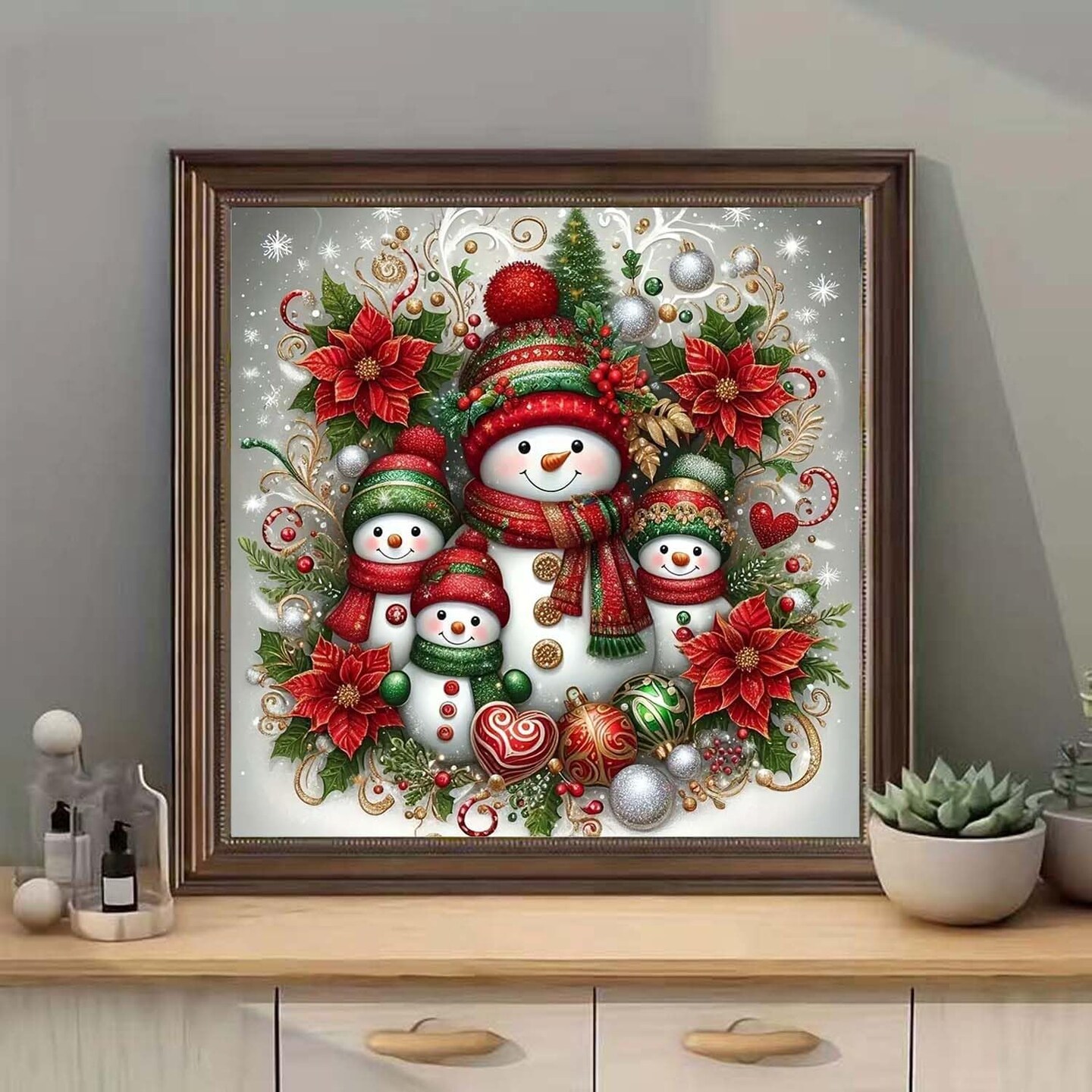 Christmas Snowman Family Diamond Painting Kit for Adults – 5D Full Round Drill DIY Diamond Art for Beginners – Holiday Gem Dot Craft for Home Wall Decor – 12 x 12 Inch