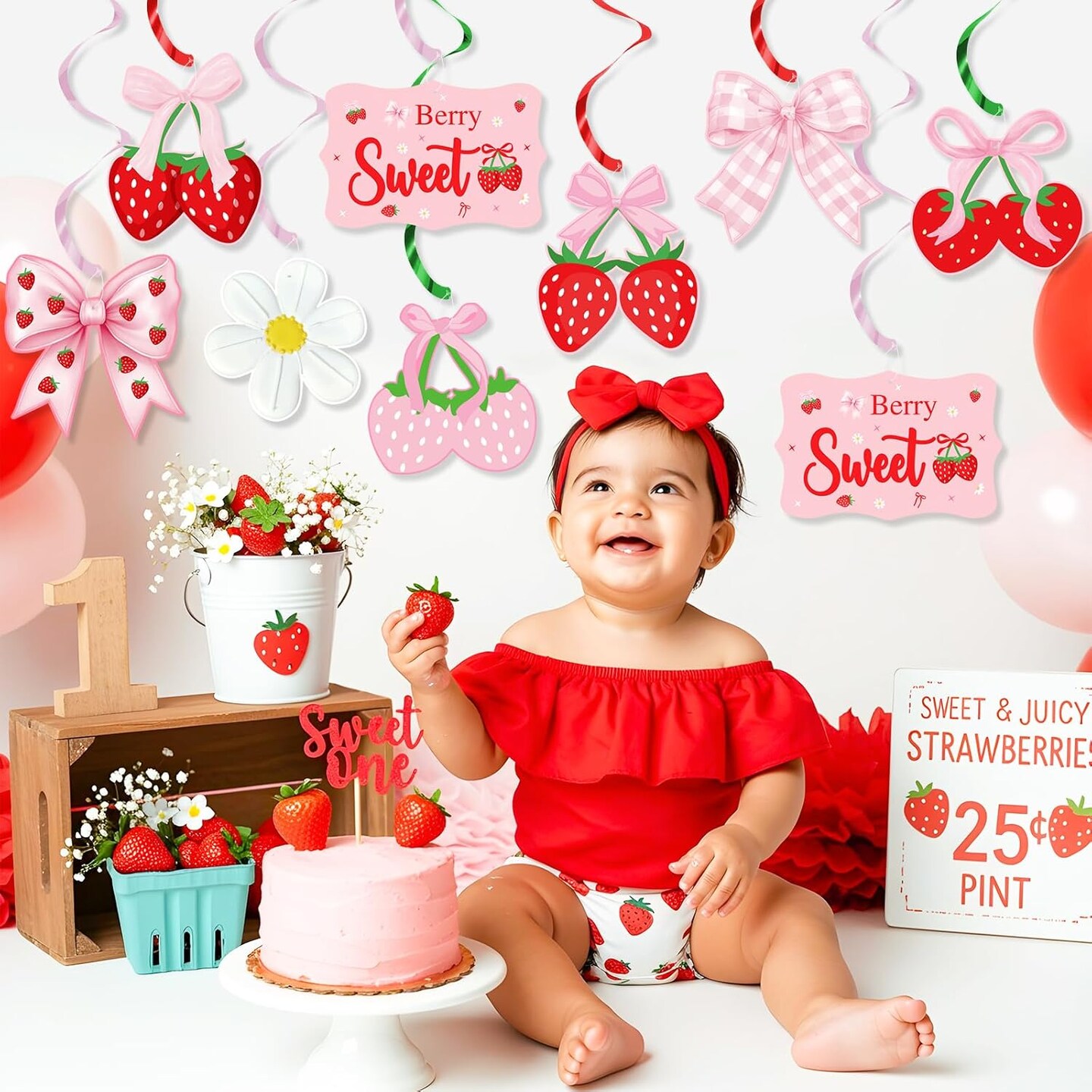 20-Piece Strawberry Bow Hanging Swirl Decorations | Berry Sweet Foil Ceiling Danglers for Summer Fruit Theme 1st Birthday, Baby Shower & Bridal Party