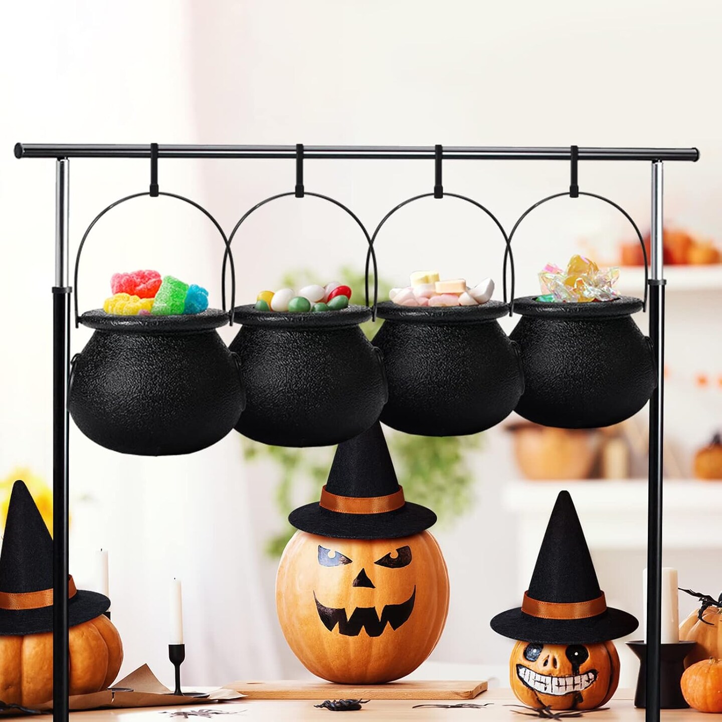 12 Pcs Halloween Decorations - Mini Witch Hats, Candy Cauldron, and Mini Broom