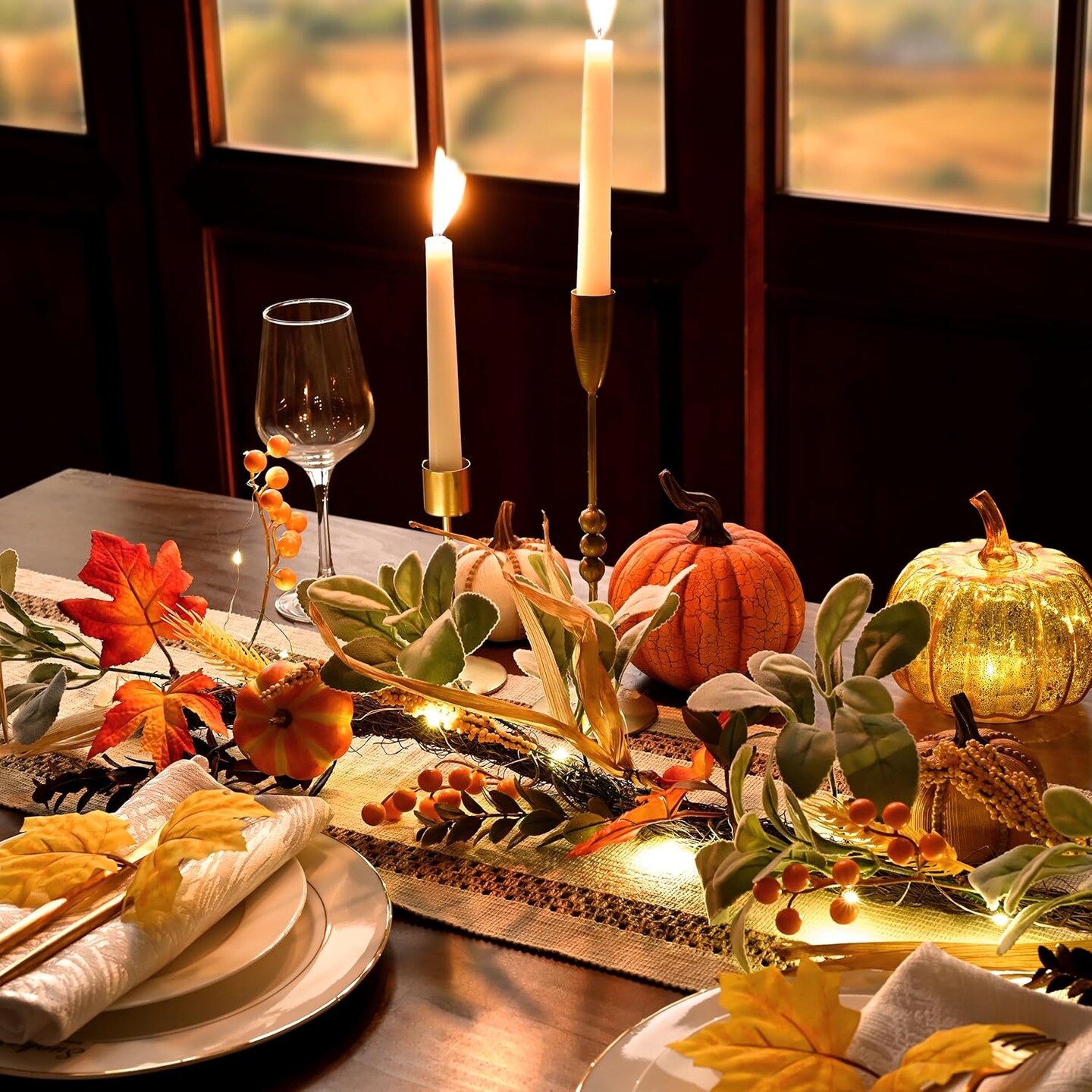 5ft Silk Lambs Ear Pumpkins Garland with Lights ,Fall Leaves Garlands for Mantle