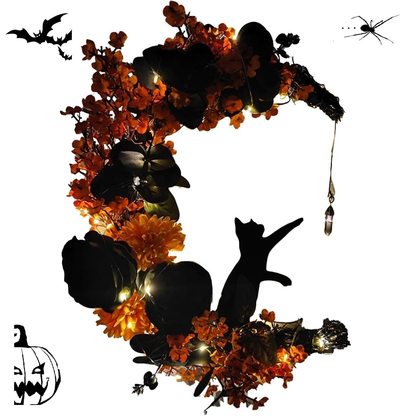 Halloween Wreaths Moon Cat Wreath Garland for Front Door with Lights - Yellow