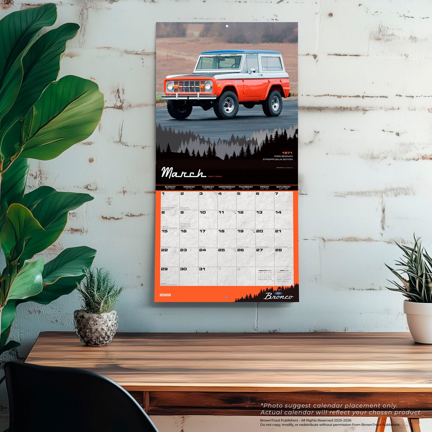 Ford Bronco OFFICIAL | 2026 12 x 24 Inch (Hanging) Monthly Square Wall Calendar | Plastic-Free