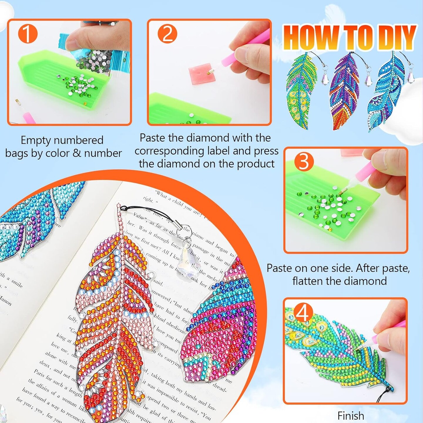 8PCS 5D Diamond Painting Bookmarks – DIY Crystal Feather Diamond Art Kits for Adults, Book Lovers, Graduation & Birthday Gifts