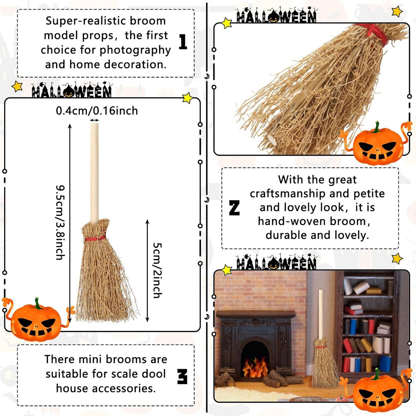 12 Pcs Halloween Decorations - Mini Witch Hats, Candy Cauldron, and Mini Broom