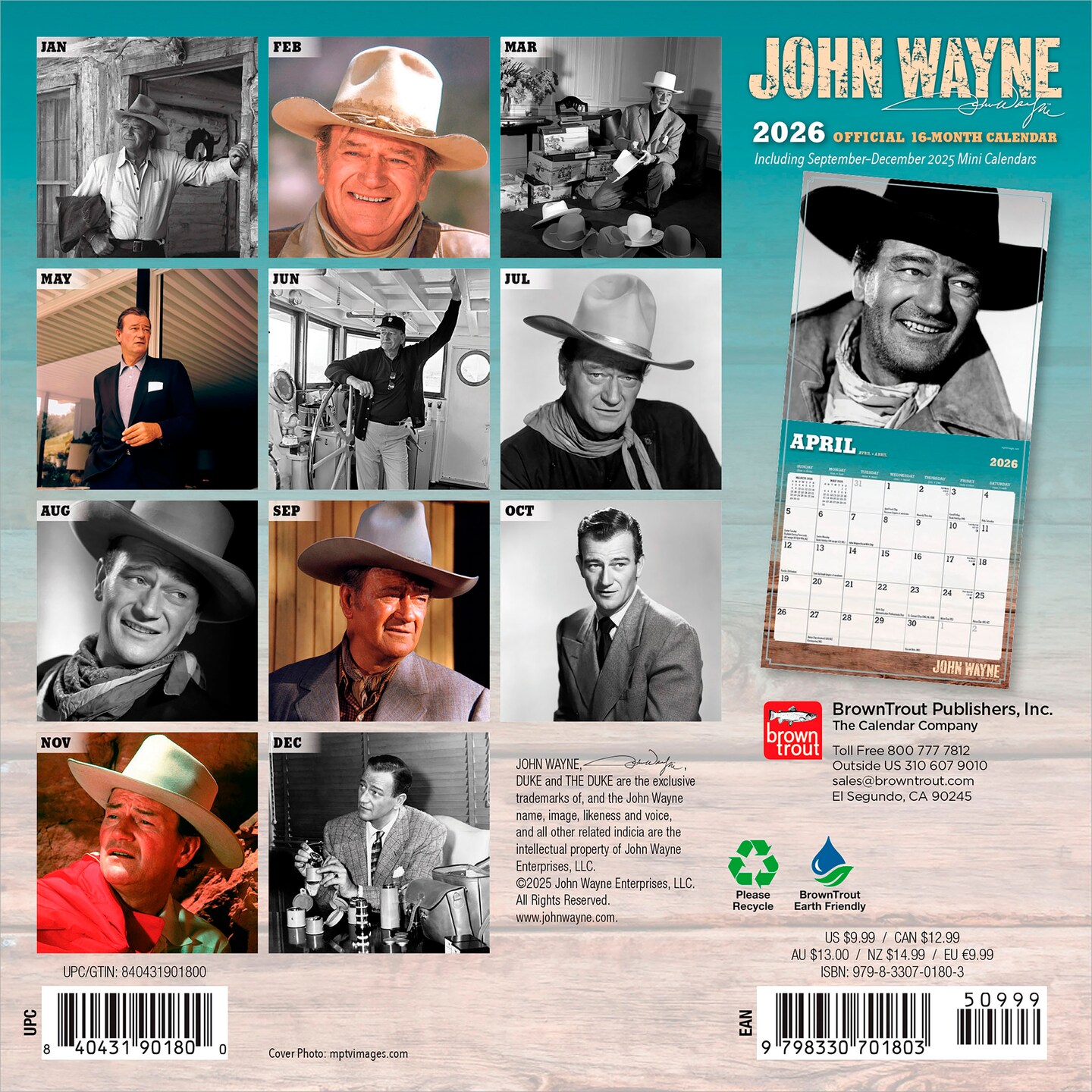 John Wayne OFFICIAL | 2026 7 x 14 Inch (Hanging) Monthly Mini Wall Calendar