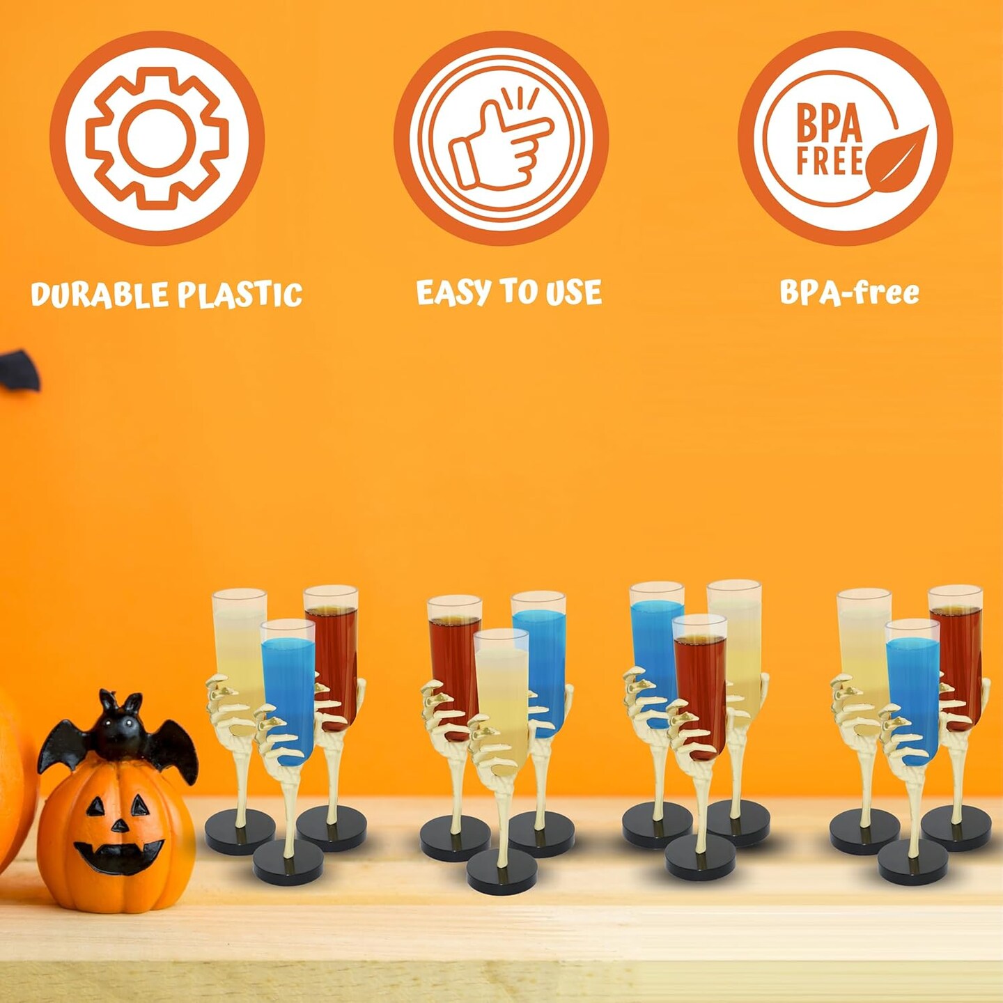 4E&#x27;s Novelty Skeleton Hand Flutes 12 Pack, 2.7oz Clear Plastic Halloween Goblets, BPA-Free Skeleton Cocktail Cups, Wine &#x26; Shot Glasses for Halloween Parties, Pirate Parties, Spooky Drinkware &#x26; Party Supplies