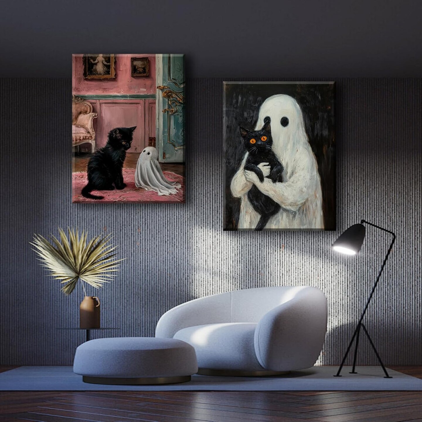 Set of 2 Framed Ghost and Black Cat Wall Art - 12x16 Inch