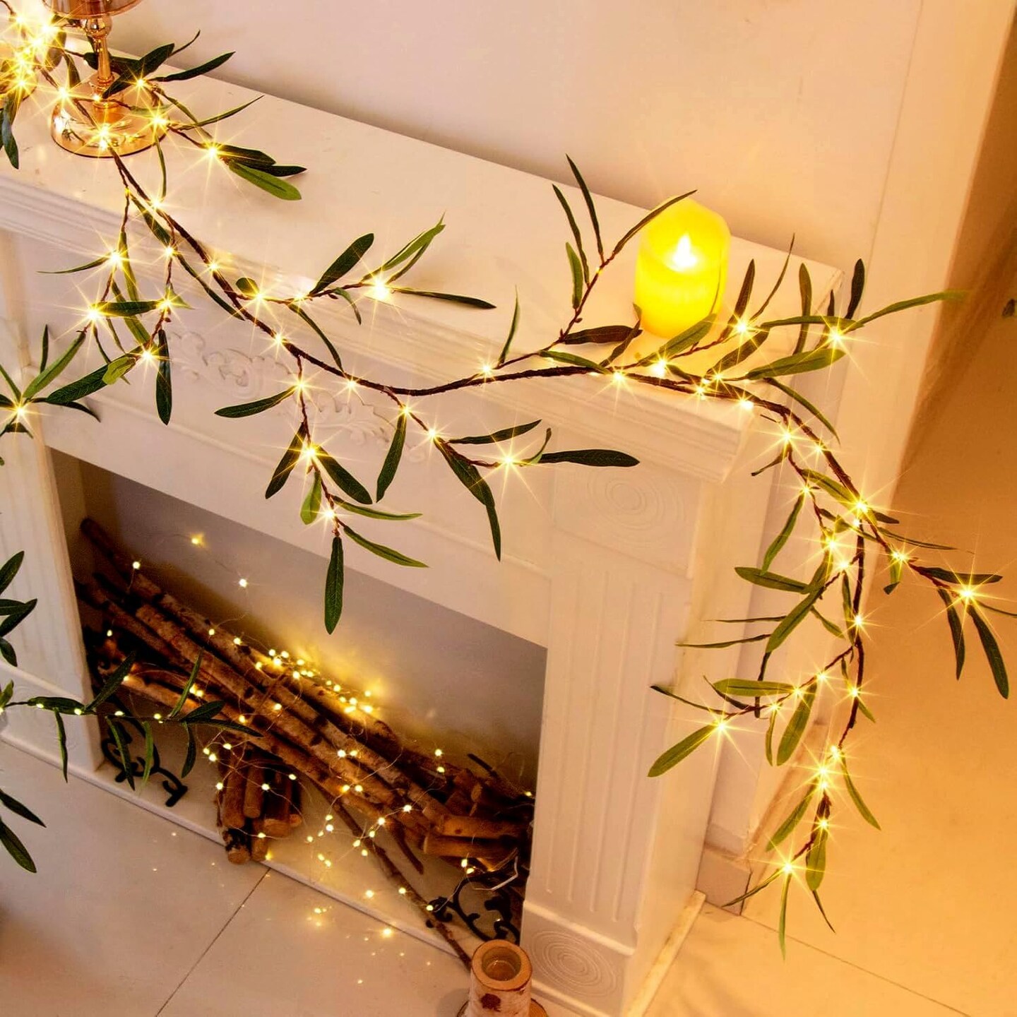 Lighted Artificial Olive Garland, 6FT LED Faux Greenery Vine Garland Lights Battery Operated