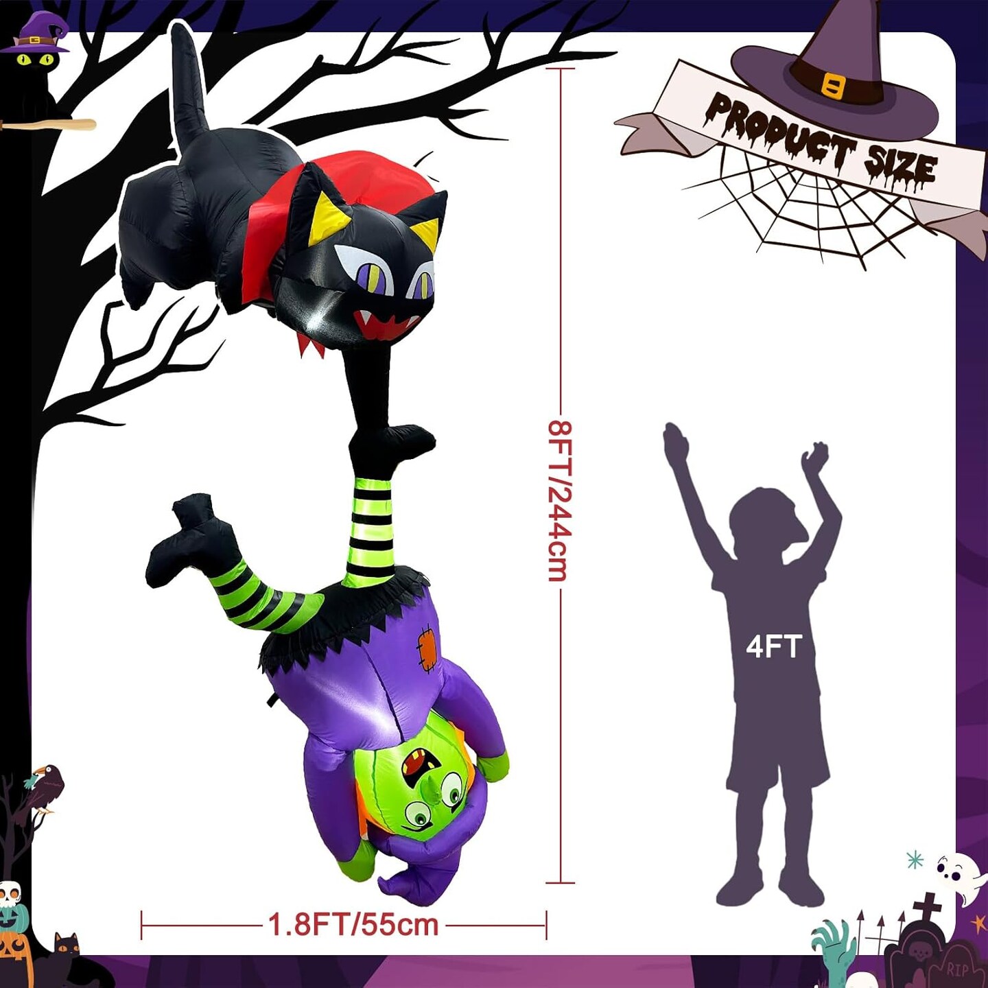 8 FT Halloween Inflatables with LED Lights - Black Cat and Witch