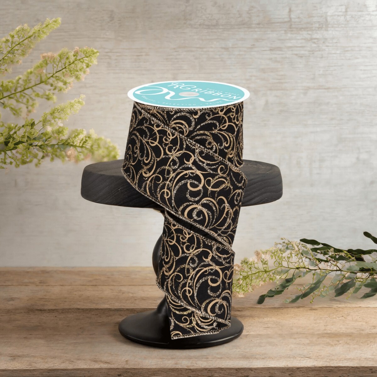 2.5&#x22; Multi Swirls Glitter Ribbon: Black/Gold (10 Yard)