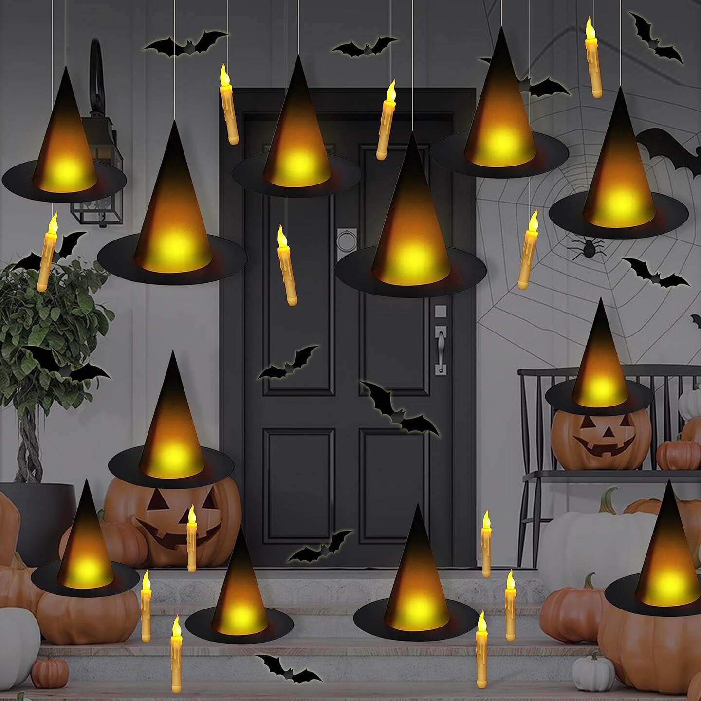 Black Light-Up Witch Hats with Flameless Candles&#x26; 3D Bat Wall Stickers &#x2013; Halloween Decor
