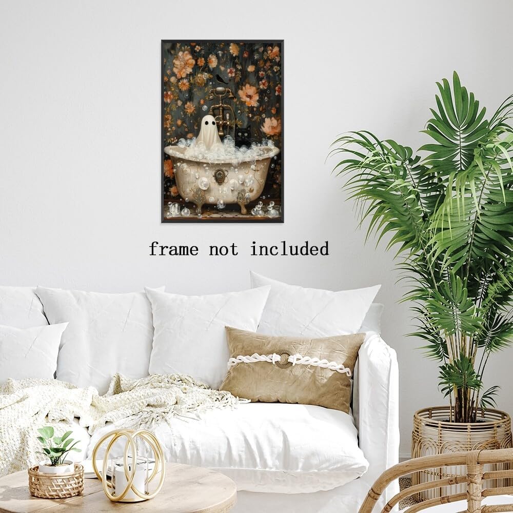 Halloween Canvas Wall Art - Ghost and Black Cat (12x18 Inch)