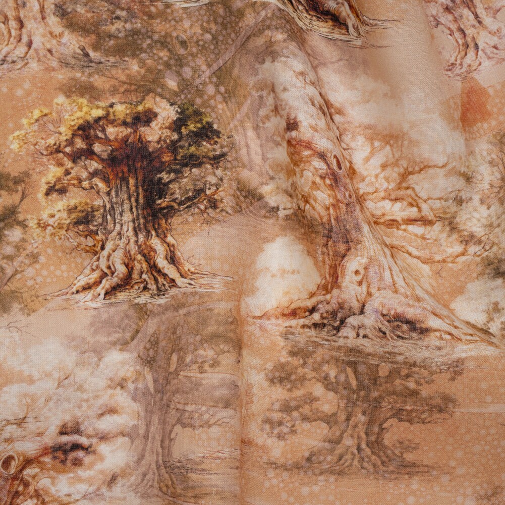 1 Yard Tan and Beige Giant Trees Medium Weight Linen Woven Print