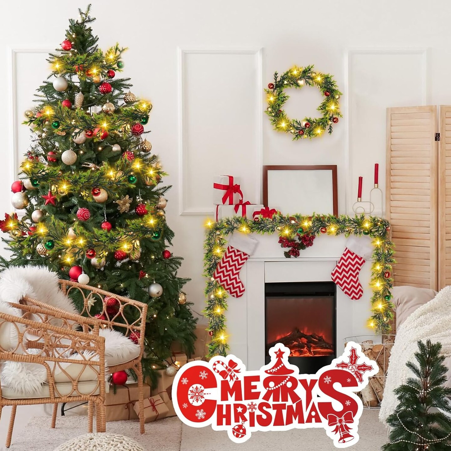 2 Pcs Prelit Christmas Garland with Lights, 12ft 20 Christmas Balls LED Lighted