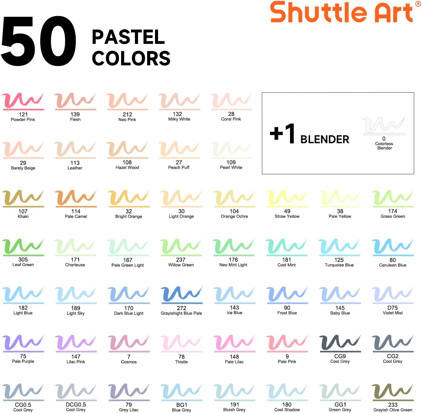 Pastel Alcohol Markers Set – 50 Dual Tip Brush & Fine Tip Markers + 1 Blender with Case, Perfect for Illustration, Coloring, Sketching for Kids, Students & Adults