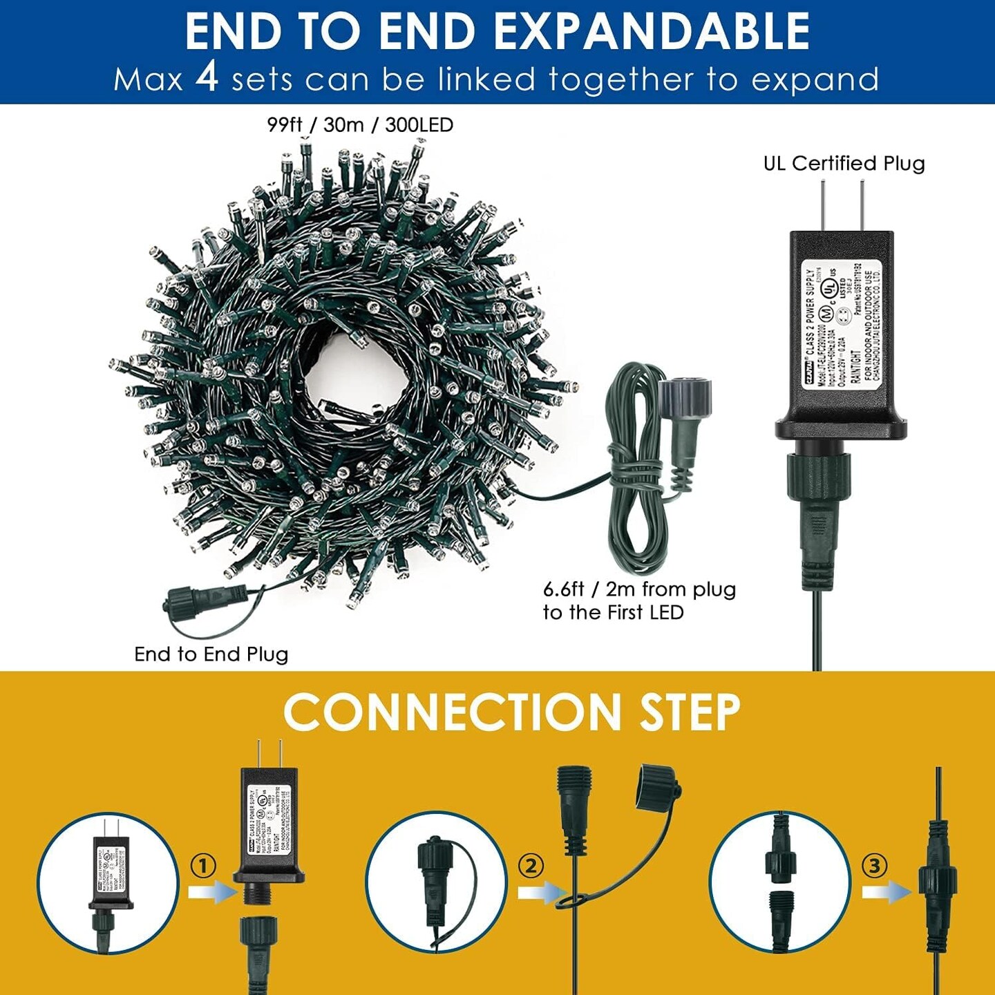 300LED Christmas String Lights – 105FT Waterproof LED Fairy Lights, UL Certified, End-to-End Connectable, 8 Lighting Modes, Warm White, Indoor & Outdoor Holiday Lights for Tree, Patio, Garden, Wedding, Party Decor (Warm White)