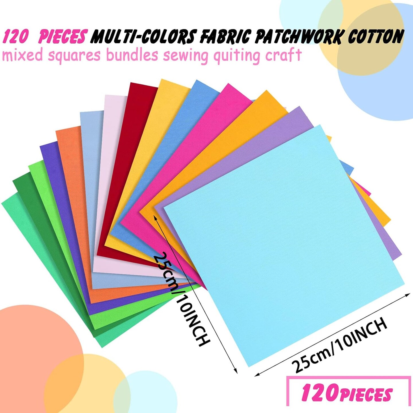 120 Pcs 10 x 10 Inch Solid Multicolor Cotton Precut Fabric Bundles
