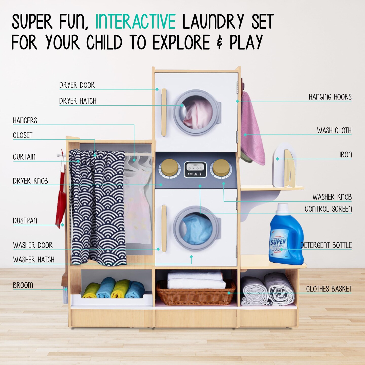 Lil' Jumbl Wooden Pretend Laundry Playset for Kids with Washer and Dryer