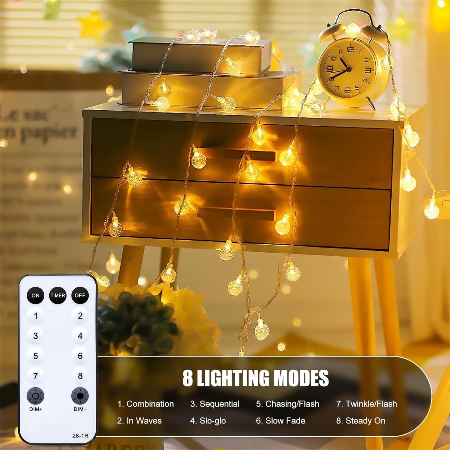 33ft Crystal Globe String Lights, 100 LED Plug-in Fairy Lights with Remote & Timer, 8 Modes, Waterproof, Warm White for Patio, Yard, Porch, Garden, Bedroom, Wedding & Party Decor (33 FT - Warm White)