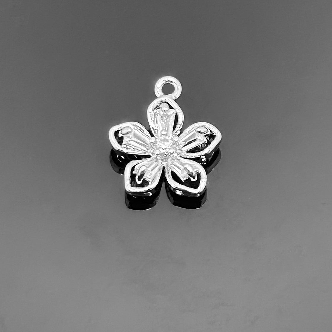 Platinum Cubic Zirconia Micro Pave Flower Charm, 10x9 mm