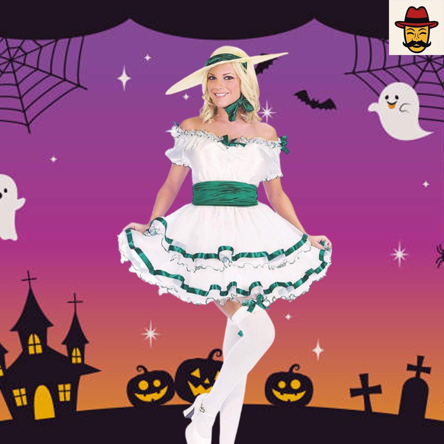 Womens Southern Belle Costume White Dress with Green Ribbon Trim Halloween Party