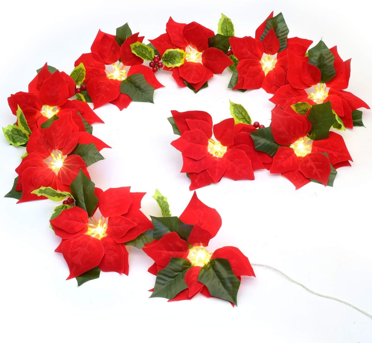 6.5Ft Lighted Poinsettia Christmas Garland with Red Berries and Holly Leaves,