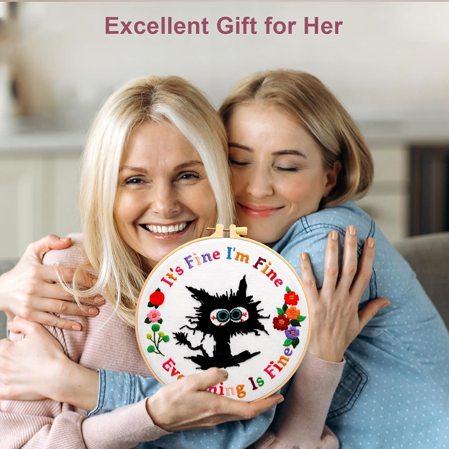 Cute Cat Embroidery Kits for Beginners, Adults Starter Cross Stitch Kit with Funny Animal Pattern