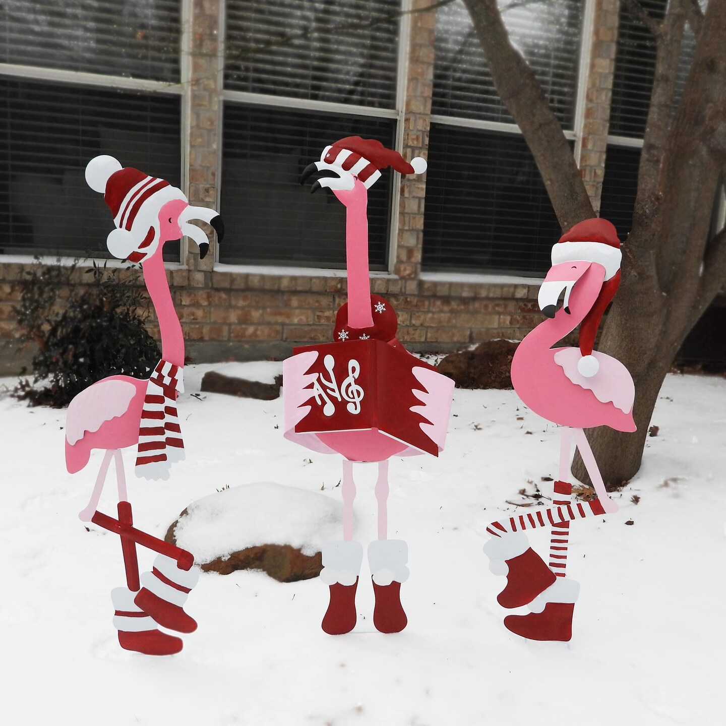Haute Decor Outdoor Christmas Caroling Flamingos Trio Yard Decor - Sturdy Weatherproof Metal Construction, 3 Holiday Flamingos, Yard Stakes Included