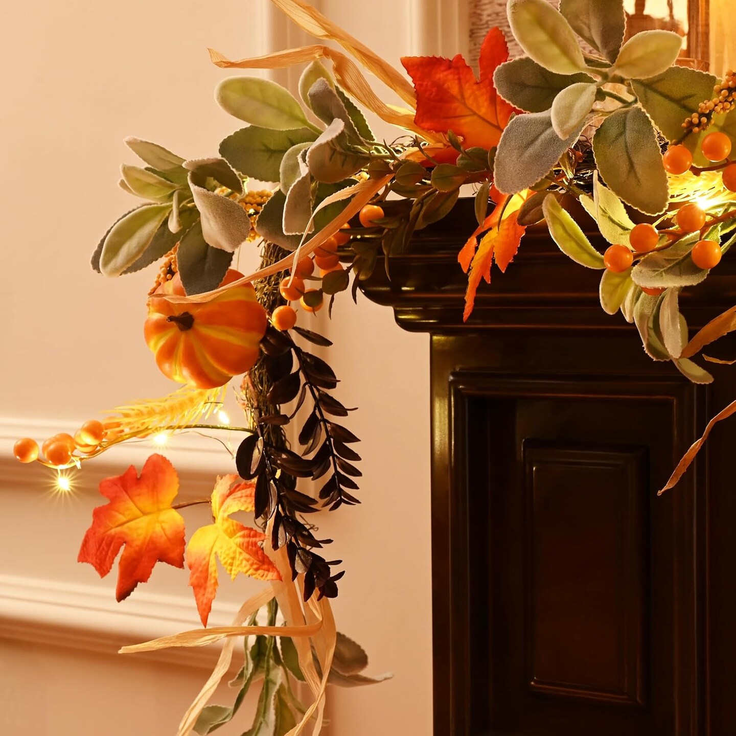 5ft Silk Lambs Ear Pumpkins Garland with Lights ,Fall Leaves Garlands for Mantle