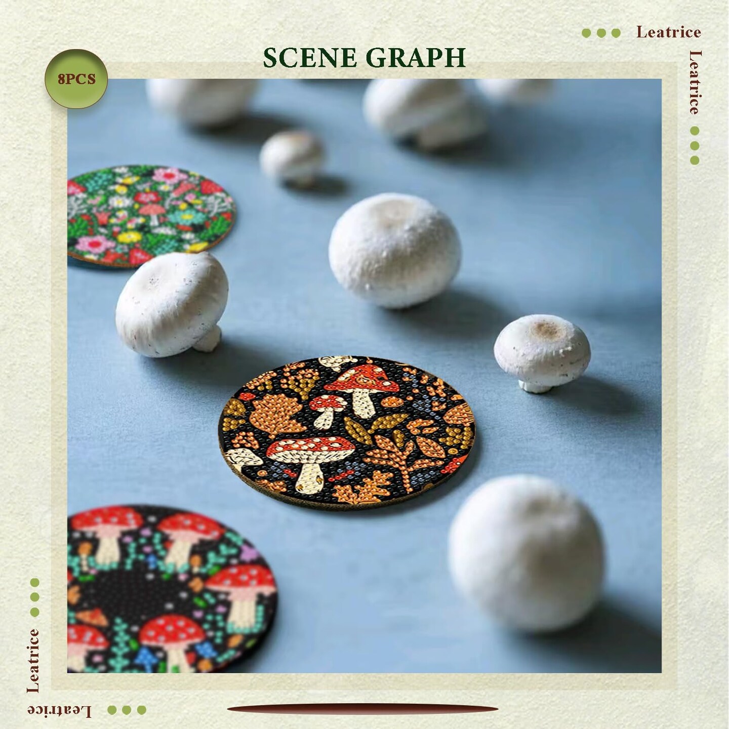 8PCS - Mushroom Diamond Art Coasters Small Diamond Painting Kits for Adults