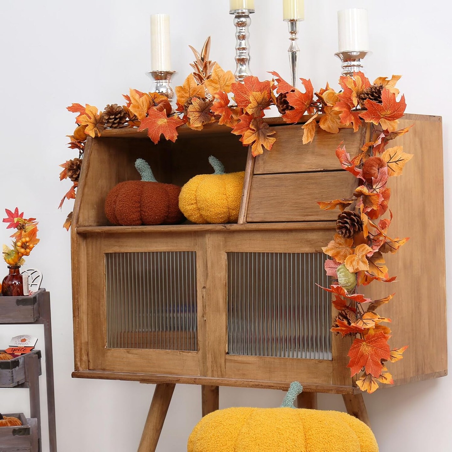 6FT Fall Garland, Fall Maple Leaf Garland Decor with Velvet Pumpkin