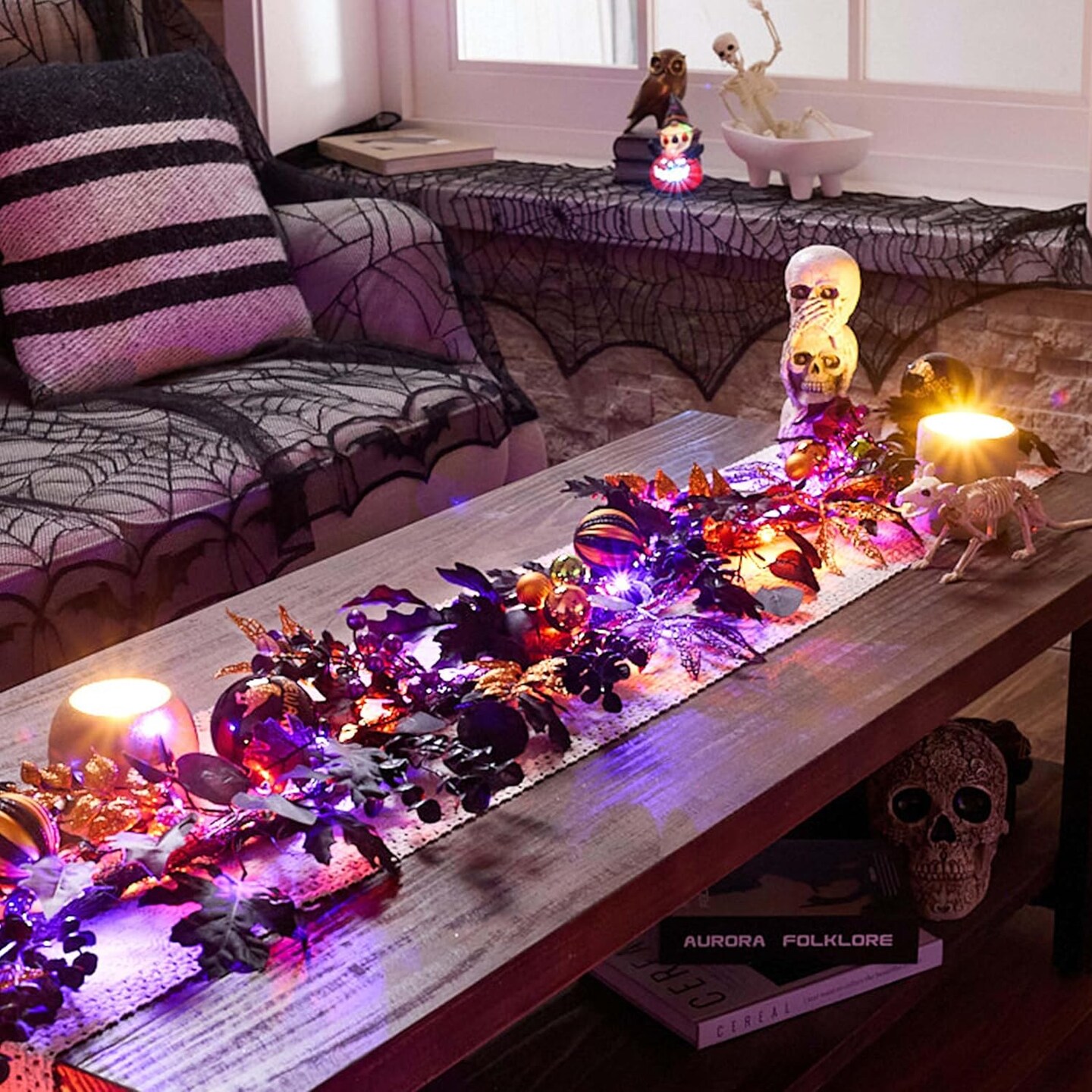 Halloween Garland for Mantel with Lights, 6 Feet Pre-Lit Jack-o'-Lantern Pumpkins
