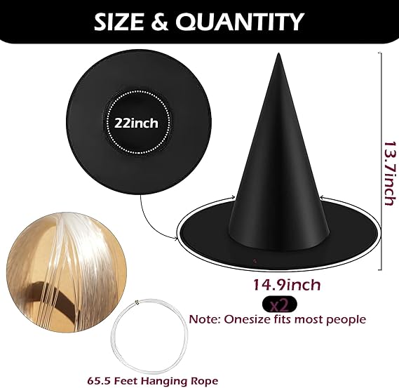 2 Pack Halloween Black Witch Hats with Hanging Rope