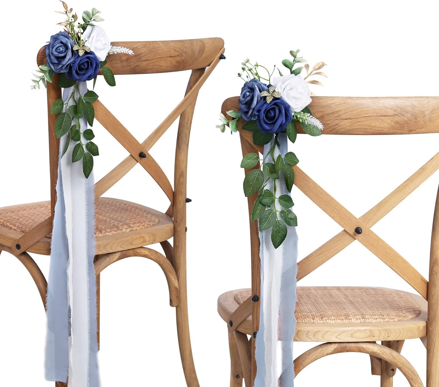 Chair Decorations Party Decor with Artificial Flowers Eucalyptus and Ribbons Blue
