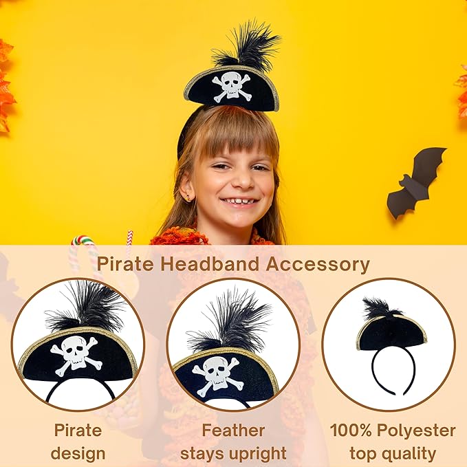 4E&#x27;s Novelty Black Pirate Headband Hat for Women &#x26; Girls &#x2013; Mini Pirate Hat with Skull &#x26; Feather &#x2013; Halloween Pirate Costume Accessories for Adults &#x26; Kids, Caribbean Cosplay, Dress Up Party Headwear
