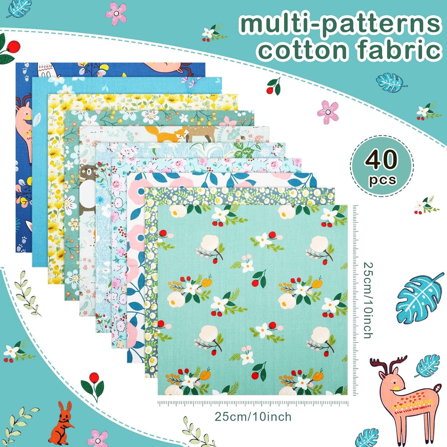 40 Pcs 10 x 10 Inches Animal Cotton Fabric Bundle Squares Precut