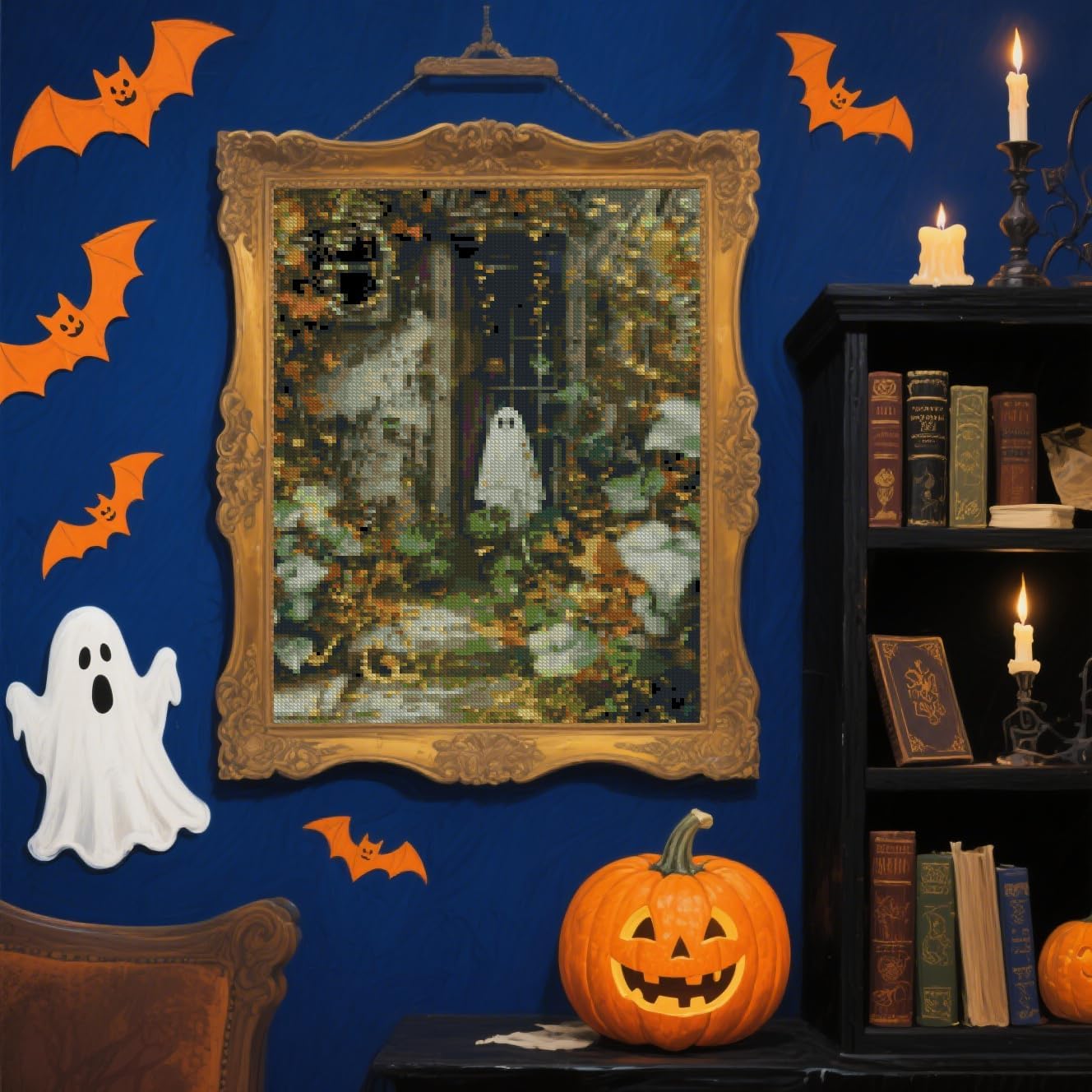 Halloween Counted Cross Stitch Kits for Adults, Ghost Stamped Cross Stitch Kits for Beginners