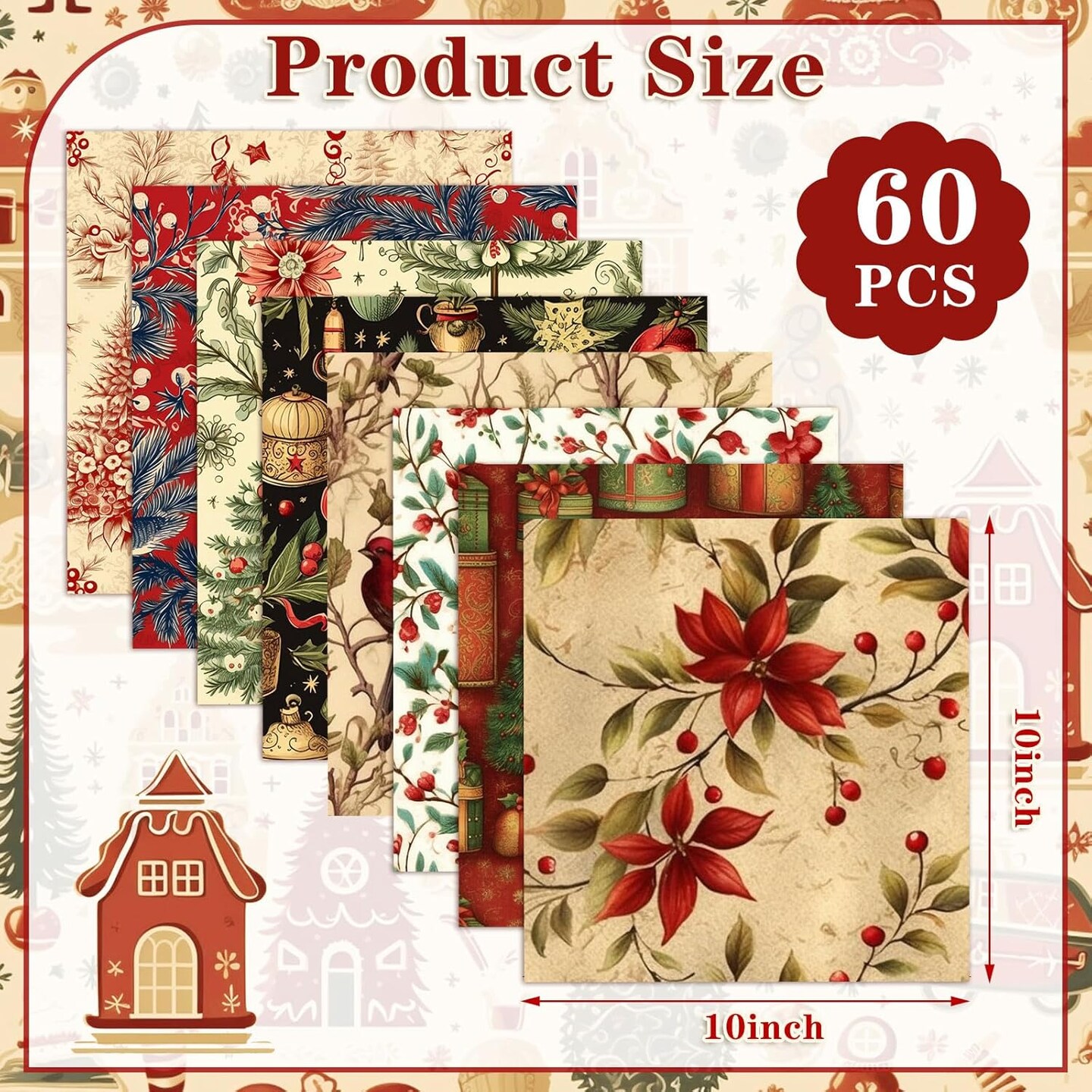 60PCS 10×10 Inch Vintage Christmas Quilting Fabric – Precut Fat Squares, Rustic Santa Claus & Red Cardinal Fabric Bundles for Patchwork, DIY Crafts & Sewing