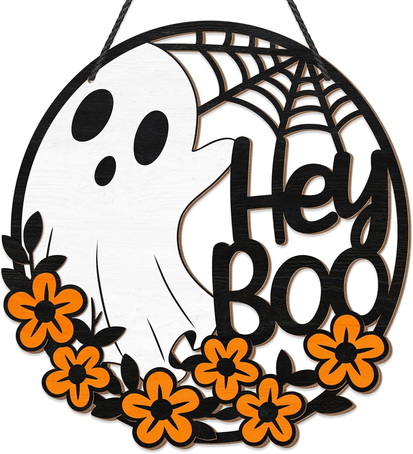 Halloween Ghost & Flowers Front Door Hanging Sign - 12" Round "Hey Boo" Wooden Welcome Wreath - Spider Web & Spooky Floral Wall Decor - Rustic Halloween Party Supplies for Home, Office, and Yard
