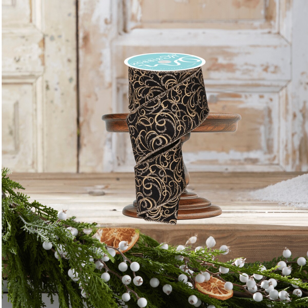2.5&#x22; Multi Swirls Glitter Ribbon: Black/Gold (10 Yard)