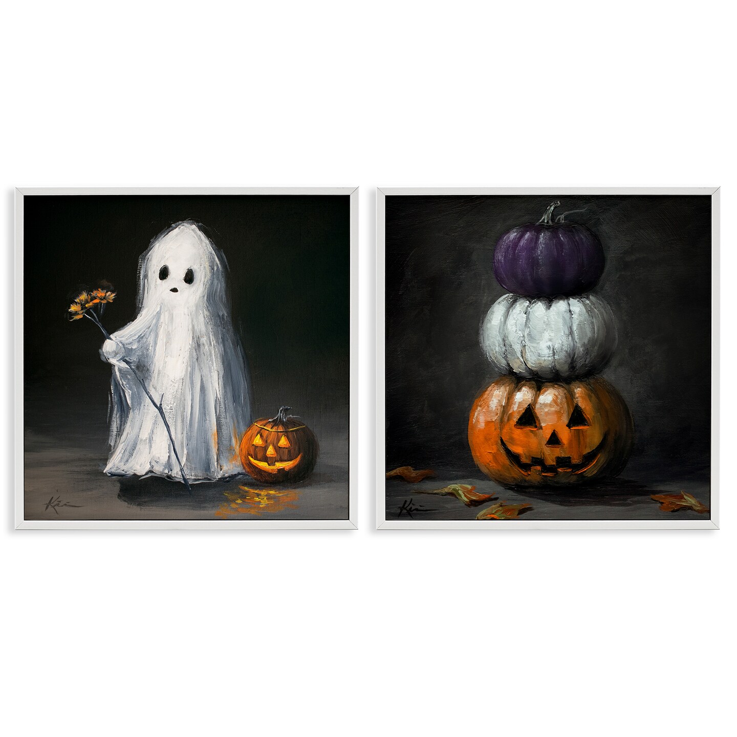 Vintage Halloween Ghost & Pumpkin Stack 2pc Framed Giclee Art Set