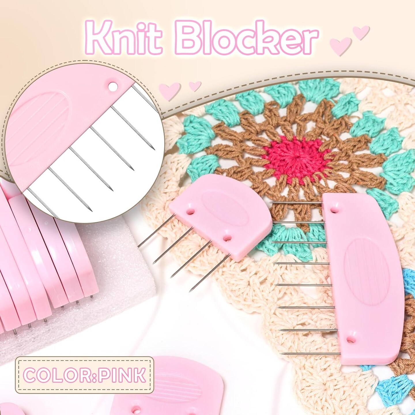 Knit Blocking Pins Kit with 25 Pink Blocking Combs for Knitting, Crochet, Lace, and Needlework Projects, Designed for Use with Blocking Mats
