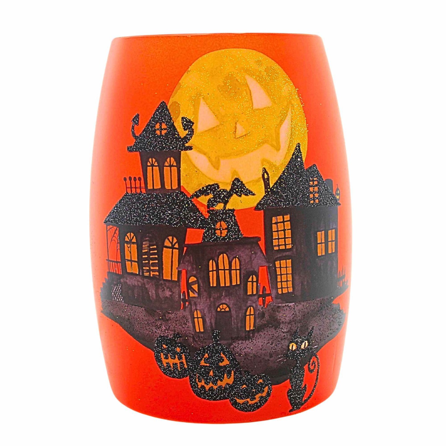 Stony Creek 5.5 Inch Spooky Neighborhood Pre-Lit Small Vase Halloween Lighted Glass Accent , Halloween Haunted House Moon
