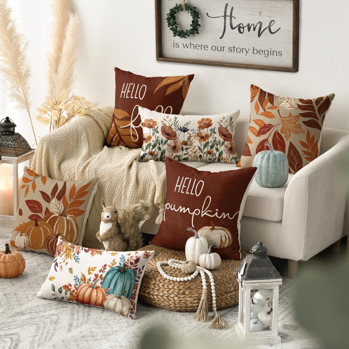 Hello Fall Pumpkin Leaves Pillow Covers