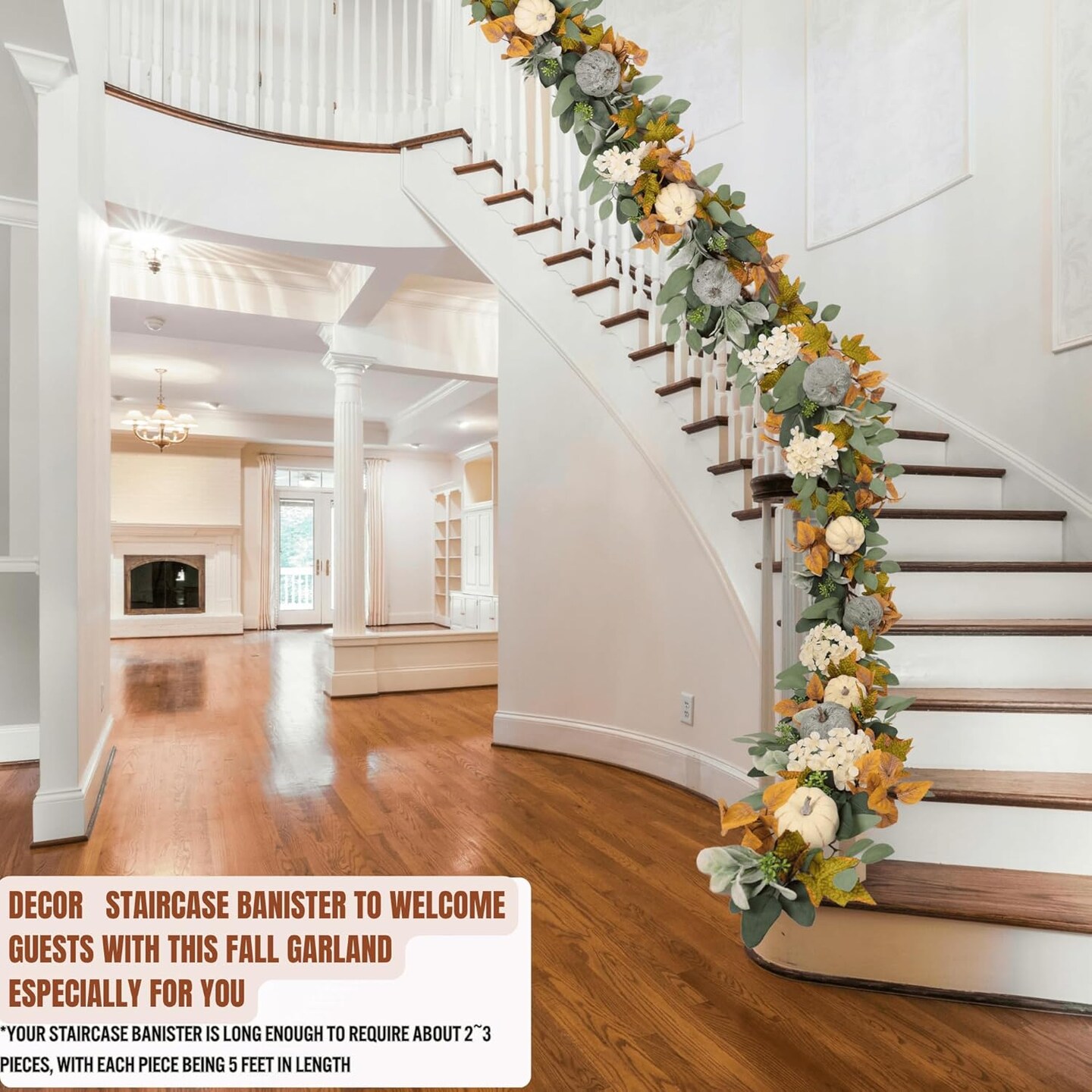 Fall Pumpkin Garland 60 Inch (5 Ft),Autumn Eucalyptus & Lambs Ear Garland